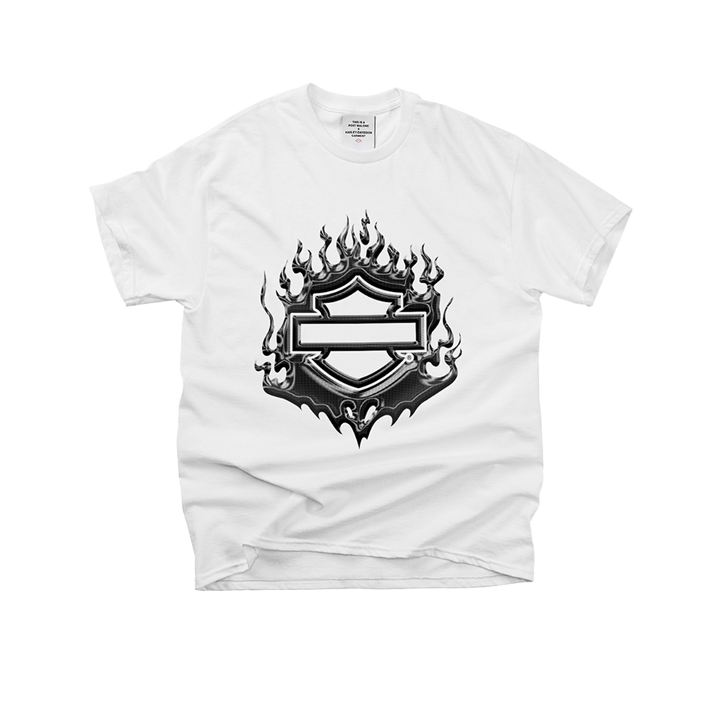 POST MALONE x H-D FLAMING BAR & SHIELD WHITE TEE FRONT