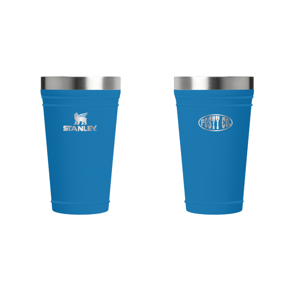 The Post Malone x Stanley Dallas Blue Stacking Beer Pint Front and Back