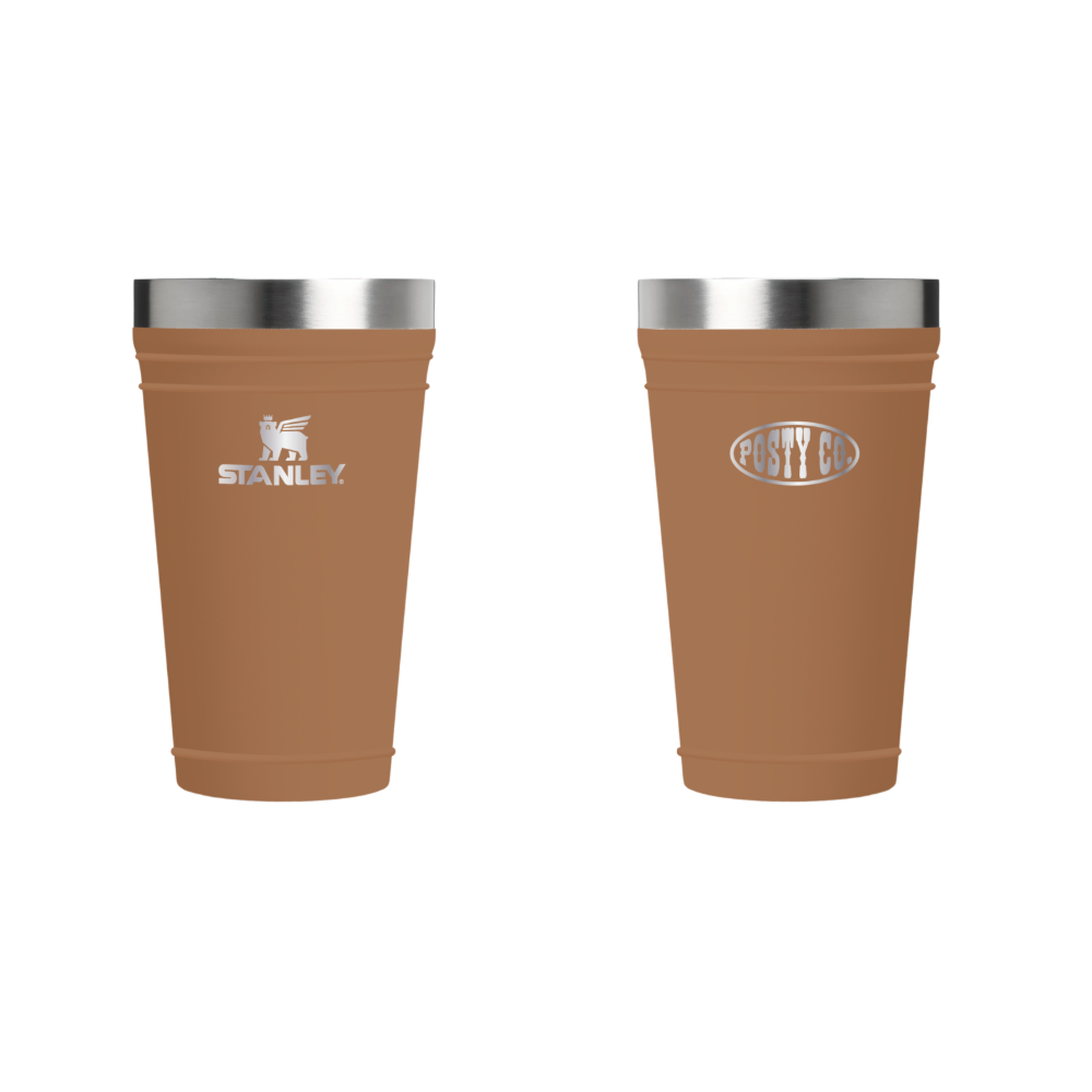 The Post Malone x Stanley Detroit Light Brown Stacking Beer Pint Front and Back