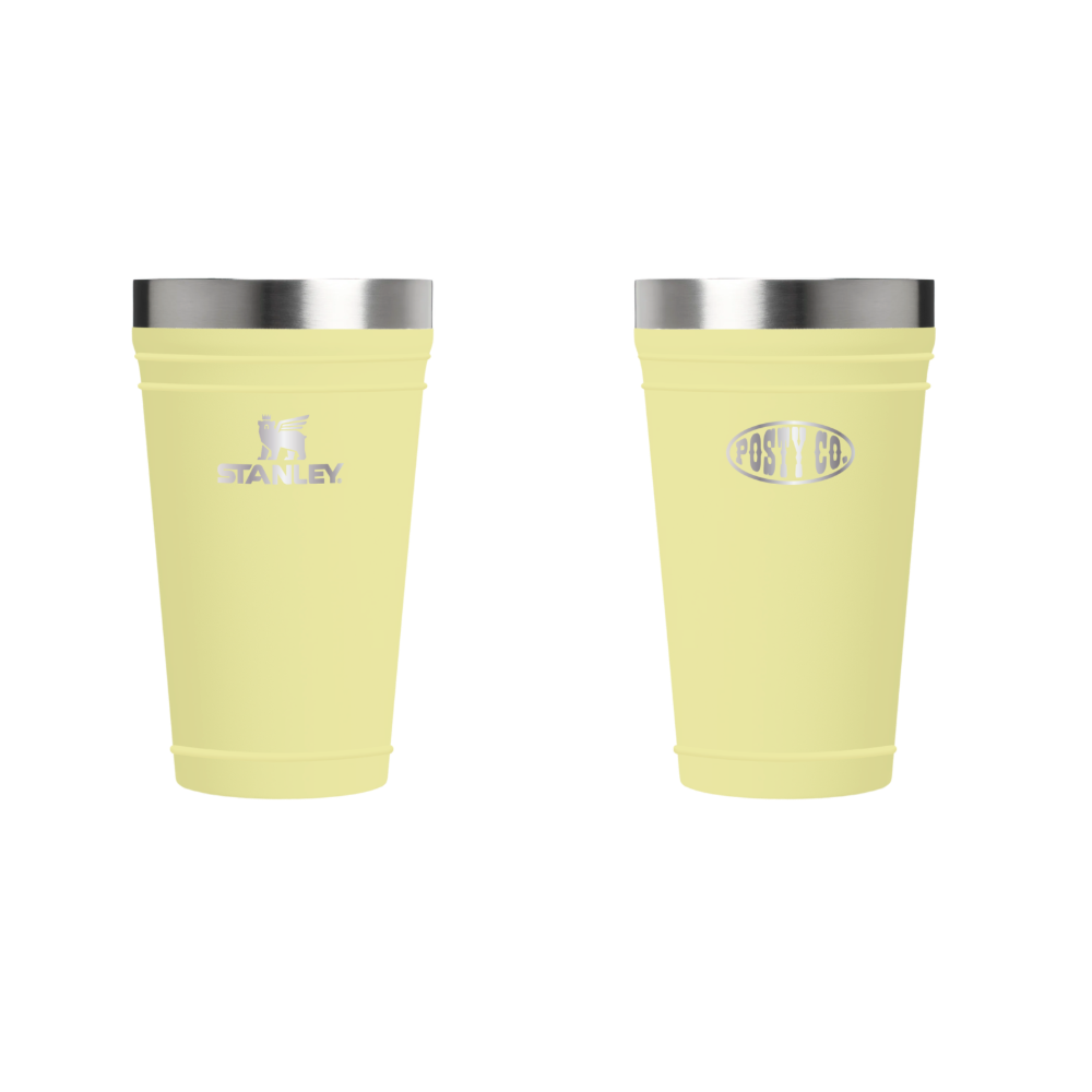 The Post Malone x Stanley Glendale Yellow Stacking Beer Pint Front and Back