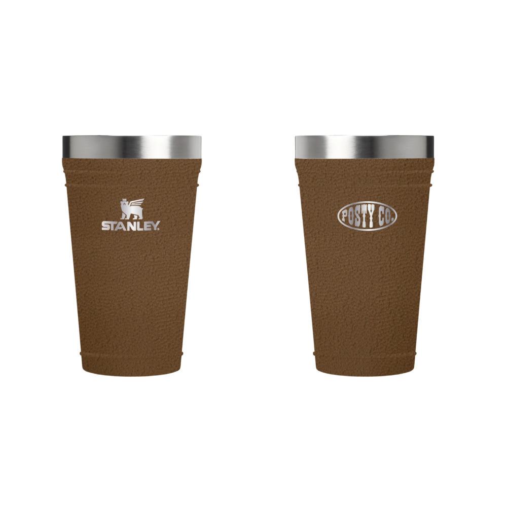 The Post Malone x Stanley Ridgedale Brown Stacking Beer Pint Front and Back