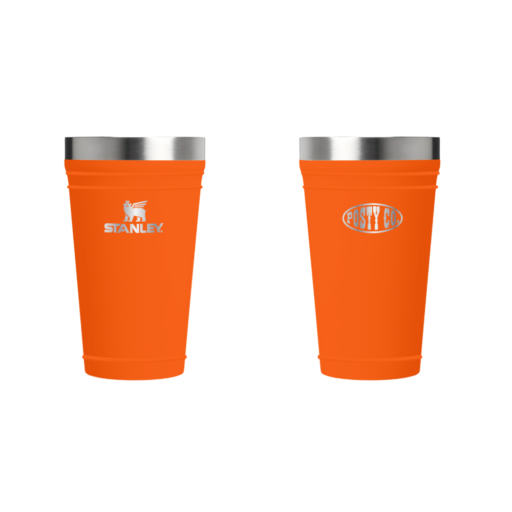 The Post Malone x Stanley Vegas Orange Stacking Beer Pint Front and Back