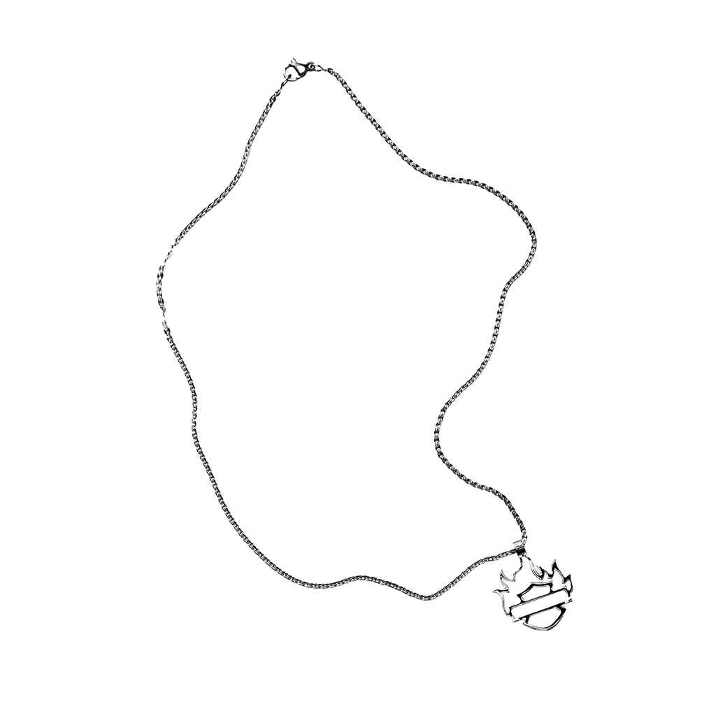 POST MALONE x H-D FLAMING BAR & SHIELD CHROME CHAIN NECKLACE